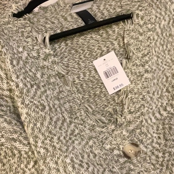 Daytrip Green and White Knit Button Up Fringe Edge Sweater - Picture 2 of 4